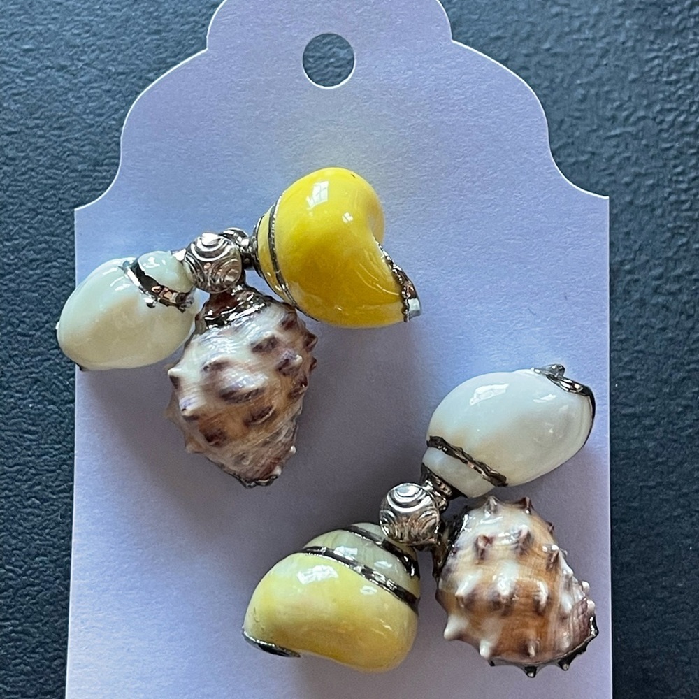 TRIPLE SHELL EARRINGS•Handmade•Pierced studs with enameled shells & silver tone